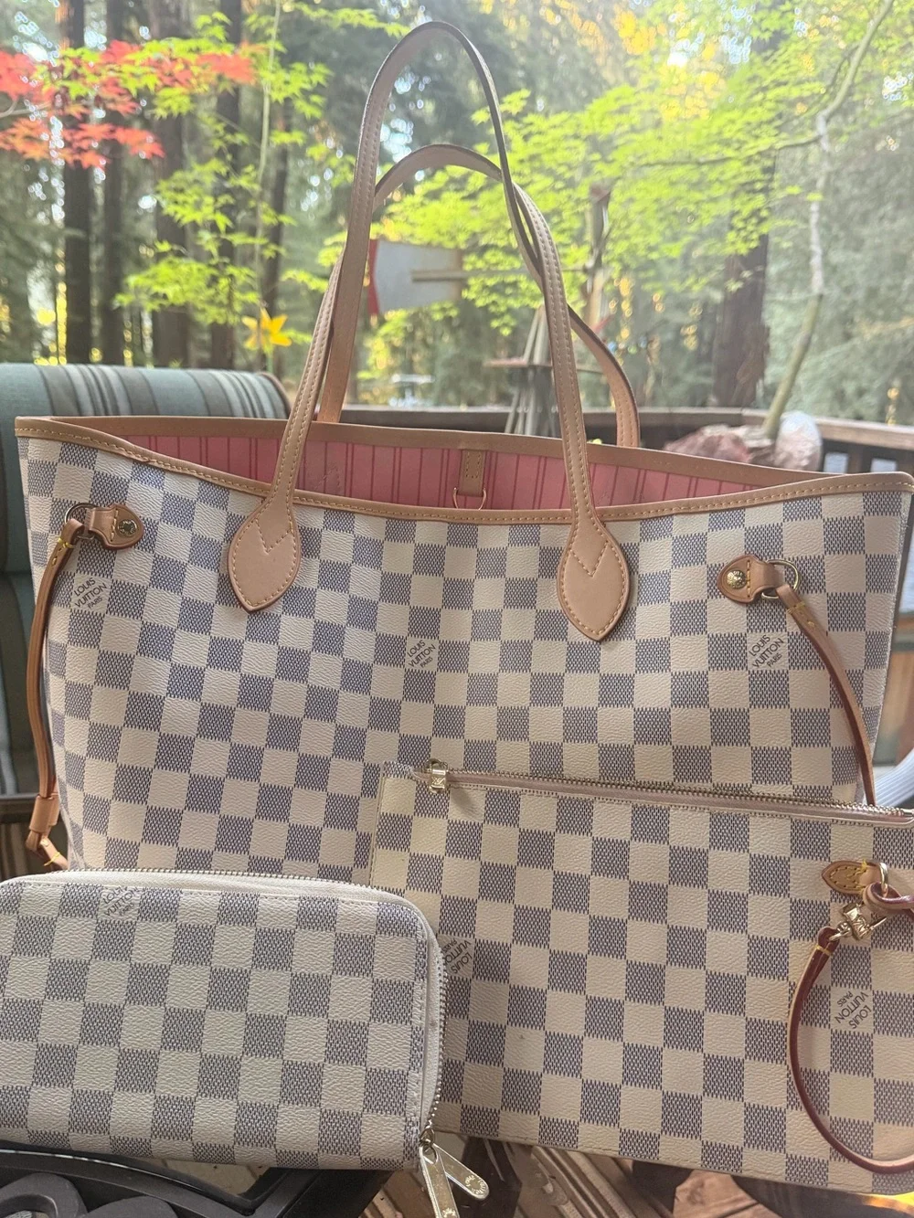 Designer-Inspired Checkered Tote Bag in White & Grey with Pink Interior - Picture 1 of 2